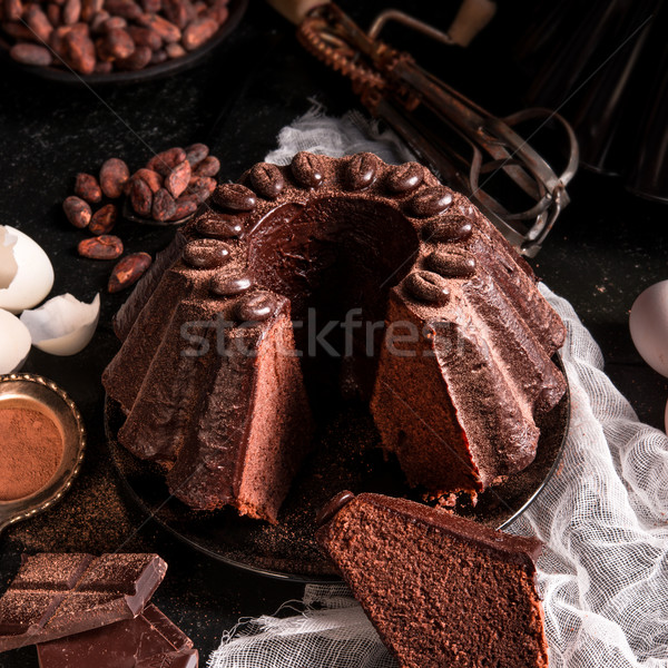 Foto stock: Bolo · de · chocolate · festa · chocolate · restaurante · preto · escuro