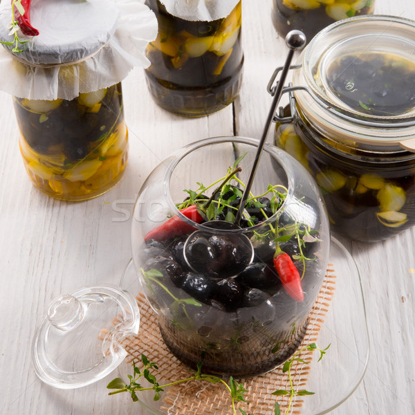 [[stock_photo]]: épicé · mariné · olives · alimentaire · fond · salade