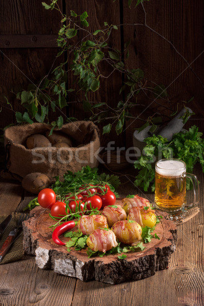 Stock foto: Gebacken · Kartoffeln · Schinken · grünen · Abendessen · Platte