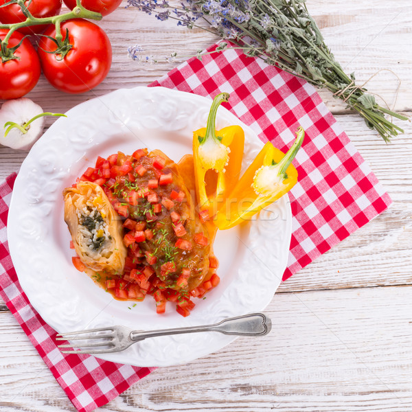 Stock photo: Vegetarian cabbage rolls with spinach and salsa 