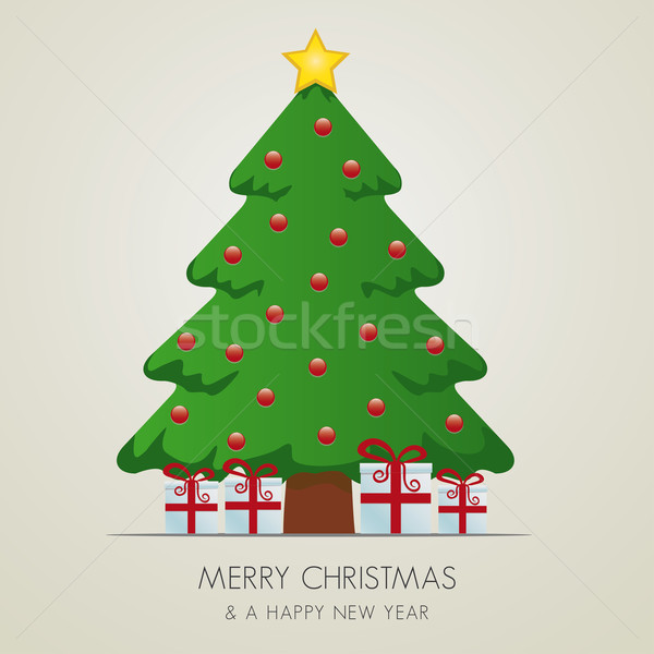 [[stock_photo]]: Rouge · blanche · coffrets · cadeaux · arbre · de · noël · joyeux · fond