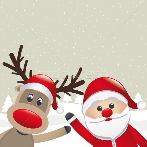 Stock photo: santa claus and reindeer wave hands