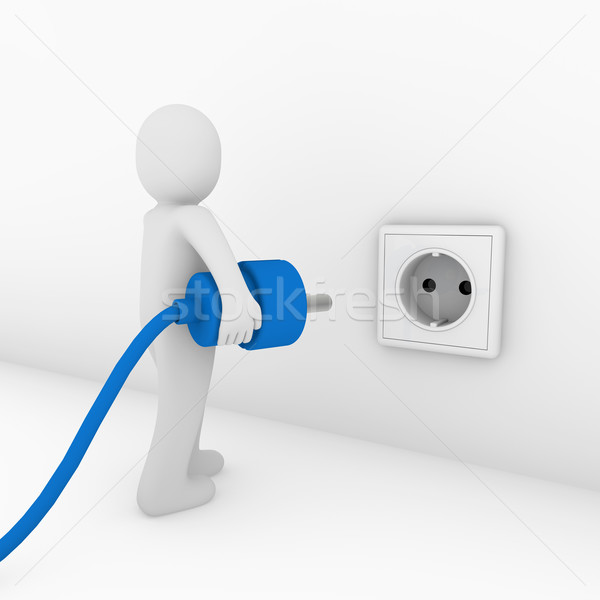 Stock photo: 3d man plug socket blue