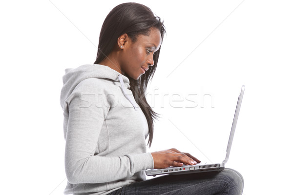 Stock foto: Jungen · schwarz · Mädchen · Sitzung · Laptop