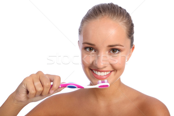 Foto d'archivio: Pulizia · denti · spazzolino · ragazza · felice · cura · dei · denti · rosa