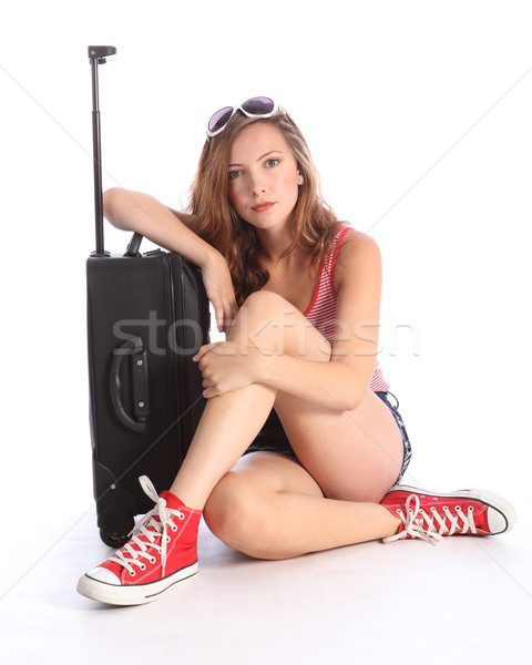 Dość nastolatek dziewczyna czeka walizkę piękna Zdjęcia stock © darrinhenry
