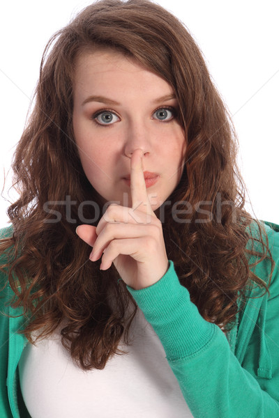 Tinédzser lány kék szemek titok kézjel aranyos Stock fotó © darrinhenry
