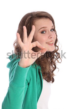 Foto stock: Okay · sinal · da · mão · sucesso · sorridente · adolescente · menina