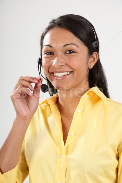 Foto d'archivio: Bene · servizio · di · assistenza · sorridere · receptionist · auricolare · telefono