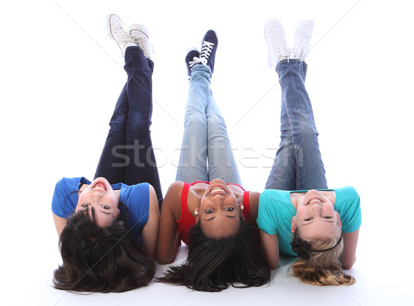 Foto stock: De · cabeça · para · baixo · diversão · três · estudante · adolescente