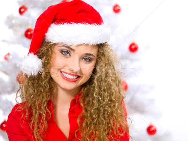 Christmas blond chick mooie vrouw kerstboom witte Stockfoto © dash