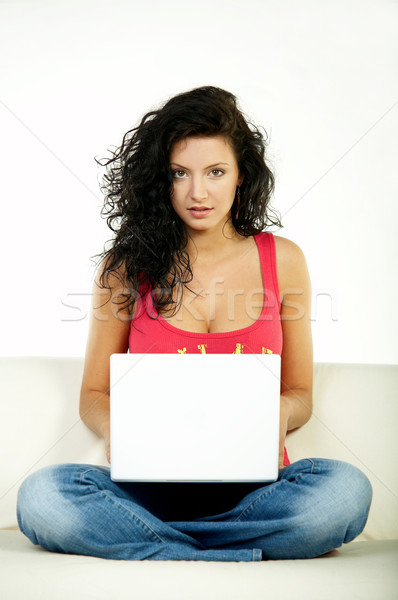 брюнетка ноутбука молодые довольно женщины белый Сток-фото © dash