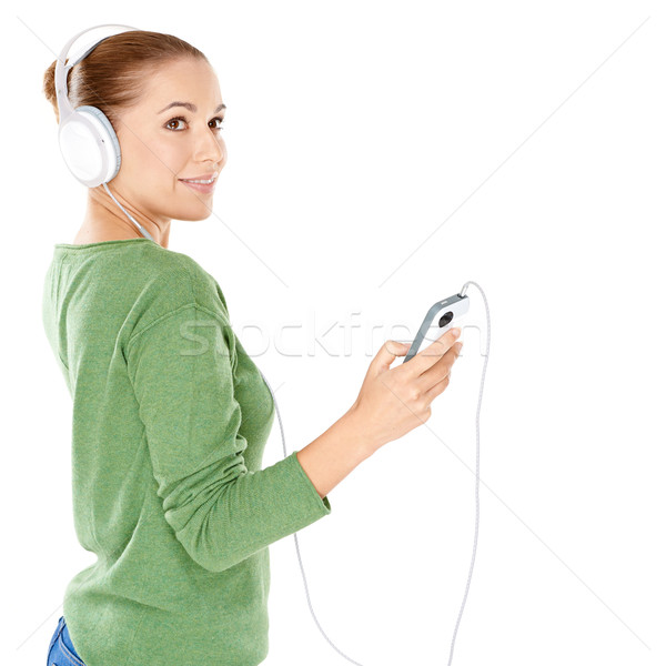 Stockfoto: Aantrekkelijke · vrouw · luisteren · naar · muziek · permanente · muziek · opslag