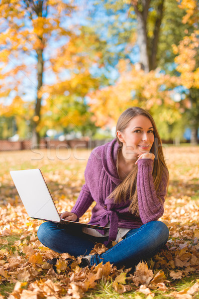 Pretty friendly woman sitting in an autumn park Stock photo © dash
