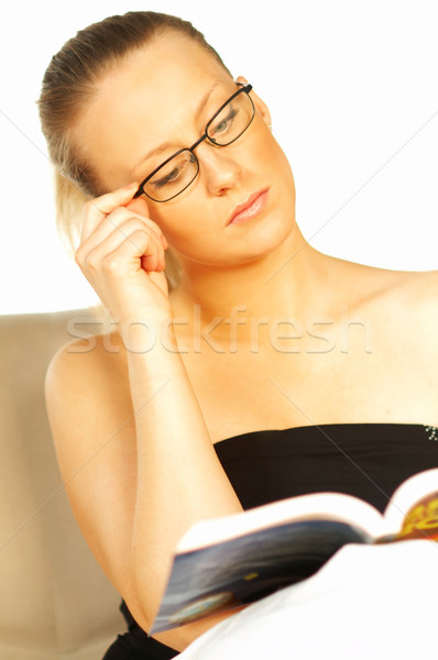 ストックフォト: 女性 · 読む · 図書 · 小さな · かなり · 着用