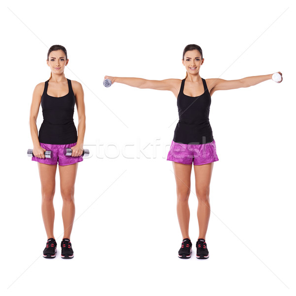 Mulher jovem halteres dois posições em pé Foto stock © dash