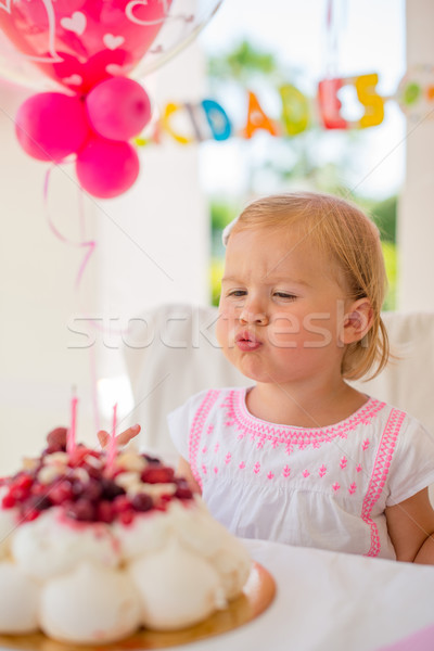 Little Girl Blowing Candles on Her Birthday Cake Stock photo © dash