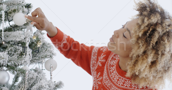 Attractive African woman decorating an Xmas tree Stock photo © dash