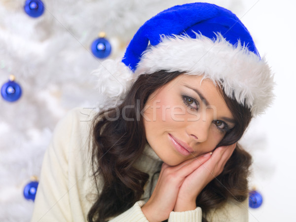 Blauw christmas chick mooie vrouw kerstboom witte Stockfoto © dash