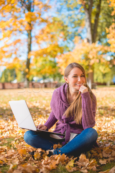 Happy Woman Sitting on Grassy Ground Using Laptop Stock photo © dash