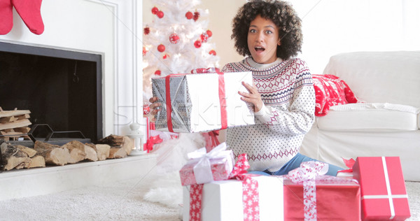 Surprised woman holding a large Christmas gift Stock photo © dash