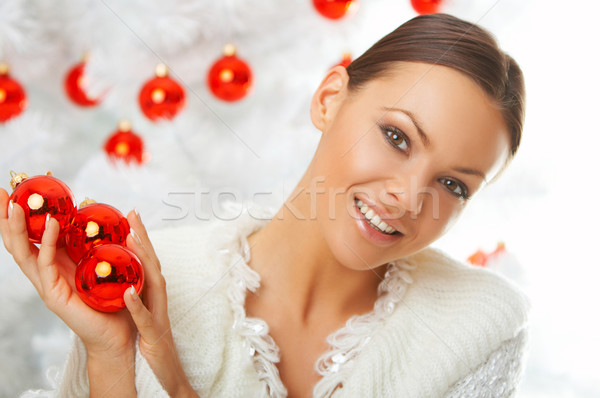 Schönen Weihnachten Jahre schöne Frau Weihnachtsbaum weiß Stock foto © dash