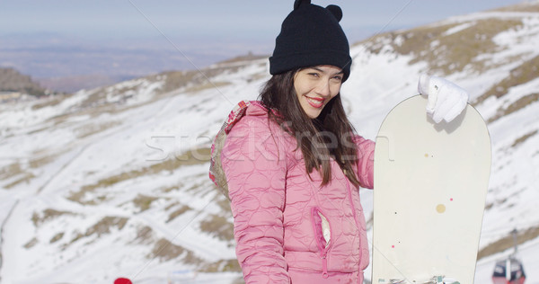 Foto d'archivio: Donna · sorridente · di · snowboard · montagna · metà · corpo · ritratto