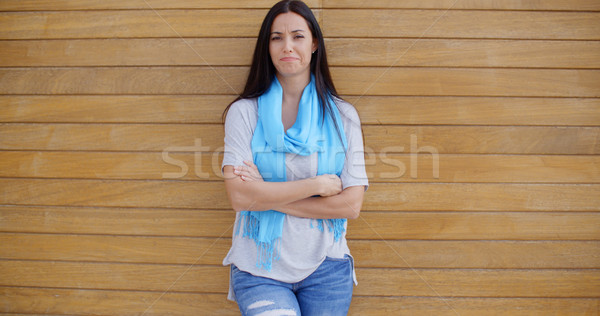 Foto stock: Mulher · dobrado · brasão · mulher · jovem · azul · cachecol