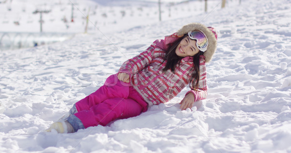 Fiatal nő rózsaszín síszemüveg boldog tél hó Stock fotó © dash
