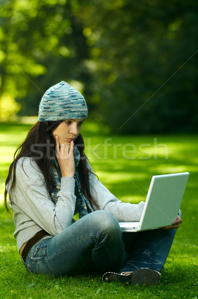 Outono ao ar livre retrato bela mulher trabalhando computador portátil Foto stock © dash