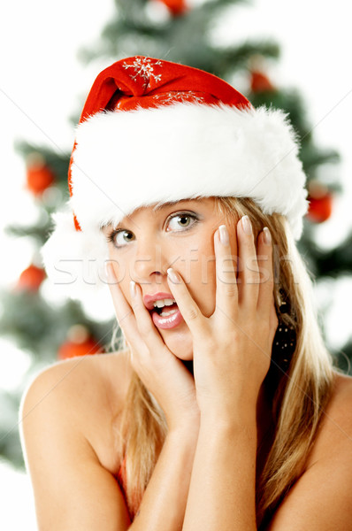 Foto stock: Belo · natal · mulher · jovem · árvore · de · natal · seis