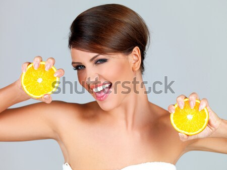 Close up Gorgeous Woman Holding Orange Fruit Stock photo © dash