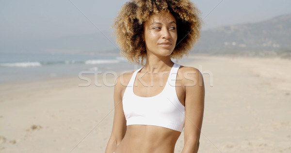 Foto stock: Retrato · mulher · atraente · praia · mulher · jovem · branco · biquíni