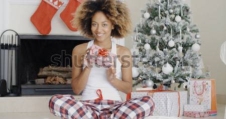 Szexi fiatal nő megnyugtató ágy karácsony elegáns Stock fotó © dash