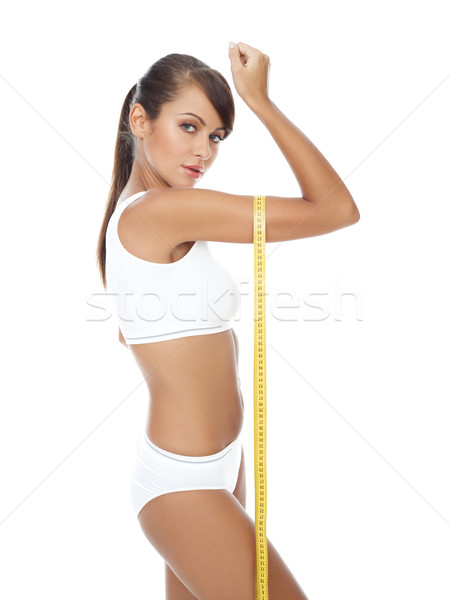 Fitnessz lány fiatal gyönyörű nő mérőszalag fehér Stock fotó © dash
