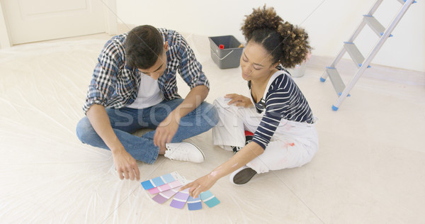 Couple looking at paint swatches for decorating Stock photo © dash