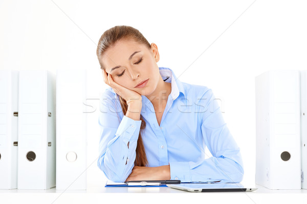 [[stock_photo]]: S'ennuie · fatigué · femme · d'affaires · sieste · bureau