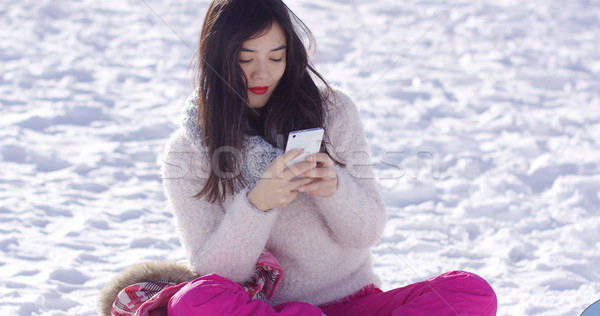 Młoda kobieta śniegu komórkowych piękna długo Zdjęcia stock © dash