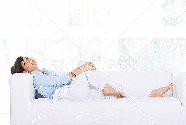 Stock fotó: Minden · nap · élet · fiatal · nő · megnyugtató · kanapé · otthon