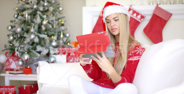 Stockfoto: Mooie · blond · jonge · vrouw · vergadering · bank · touchpad