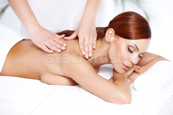 Stockfoto: Mooie · vrouw · genieten · massage · topless · spa · bed