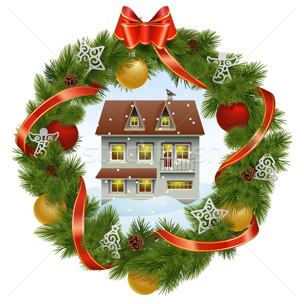 Stock photo: Vector Christmas Wreath with House