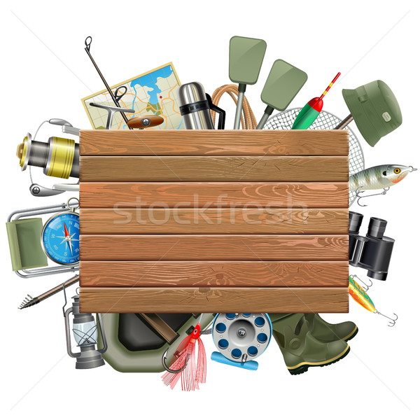 Vector Old Wooden Board with Fishing Tackle Stock photo © dashadima