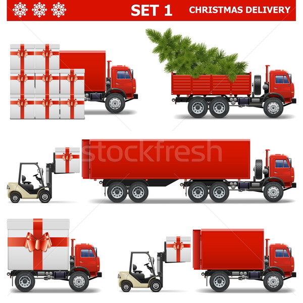 Foto stock: Vetor · natal · entrega · conjunto · caminhão · verde