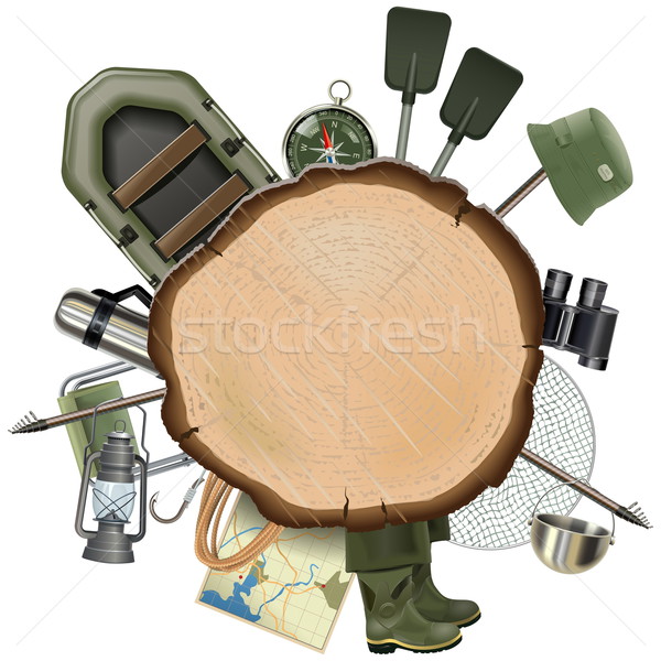 Stock photo: Vector Fishing Tackle with Wooden Board