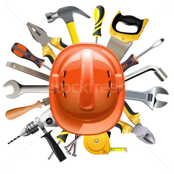 Foto stock: Vetor · construção · capacete · ferramentas · isolado · branco