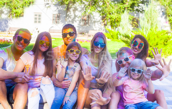 Stockfoto: Gelukkig · vrienden · kleur · festival · portret · voorjaar