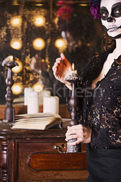 Bela mulher pintado esqueleto halloween jovem cara Foto stock © dashapetrenko
