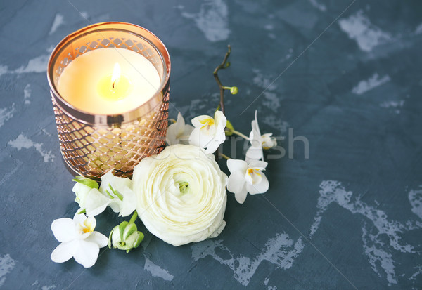 Stock foto: Einladungskarte · schönen · Blumen · Kerze · dunkel