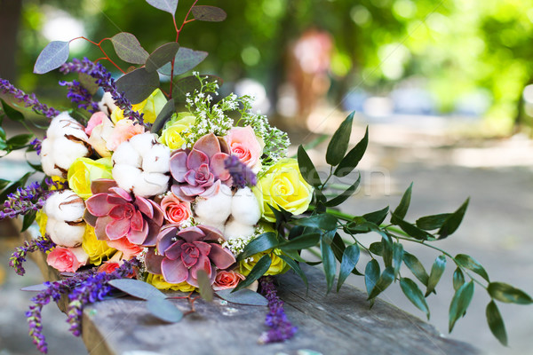 Buquê de casamento suculento flores estilo retro algodão ao ar livre Foto stock © dashapetrenko
